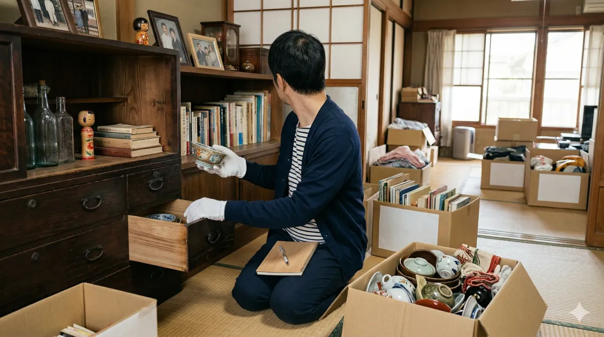 片付けの中で売れる物を確認するイメージ